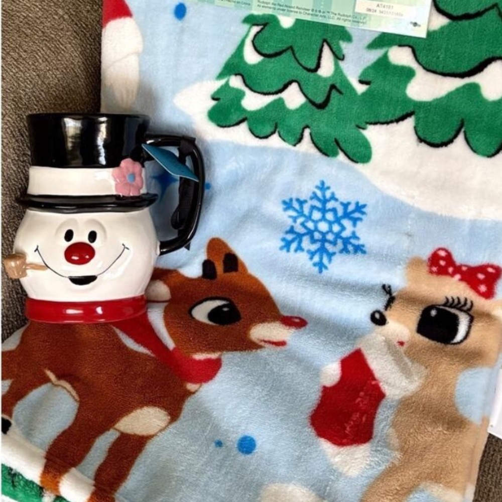 RAE DUNN FROSTY RUDOLPH CLARISSE Viral Winter Plush Throw+3D Ceramic Mug SET NWT